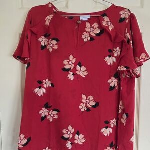 Liz Claiborne Red Floral Ruffle Sleeve Blouse